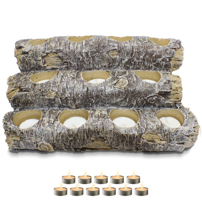Castaway Faux Fireplace Logs Candle Holder — Realistic Rustic Wood Log Centerpiece with 12 Tea Light Candles, Safe, Smoke-Free ambiance, Authentic Wood Texture, and and Low Maintenance