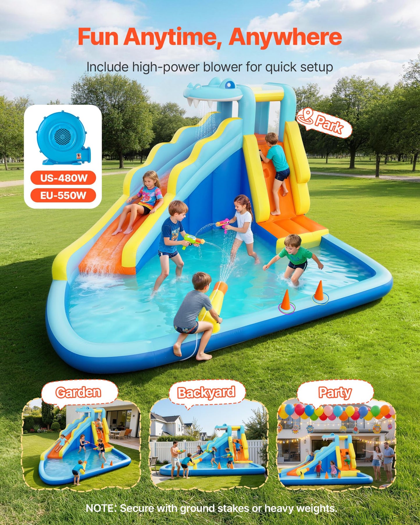 VEVOR Bounce House for Kids, Inflatable Bounce House with Air Blower, Water Slide, Bouncer Castle with Bounces Zone, Climbing Wall, Splash Pool & Water Ring Toss, for 3 to 4 Kids Ages 3 to 8