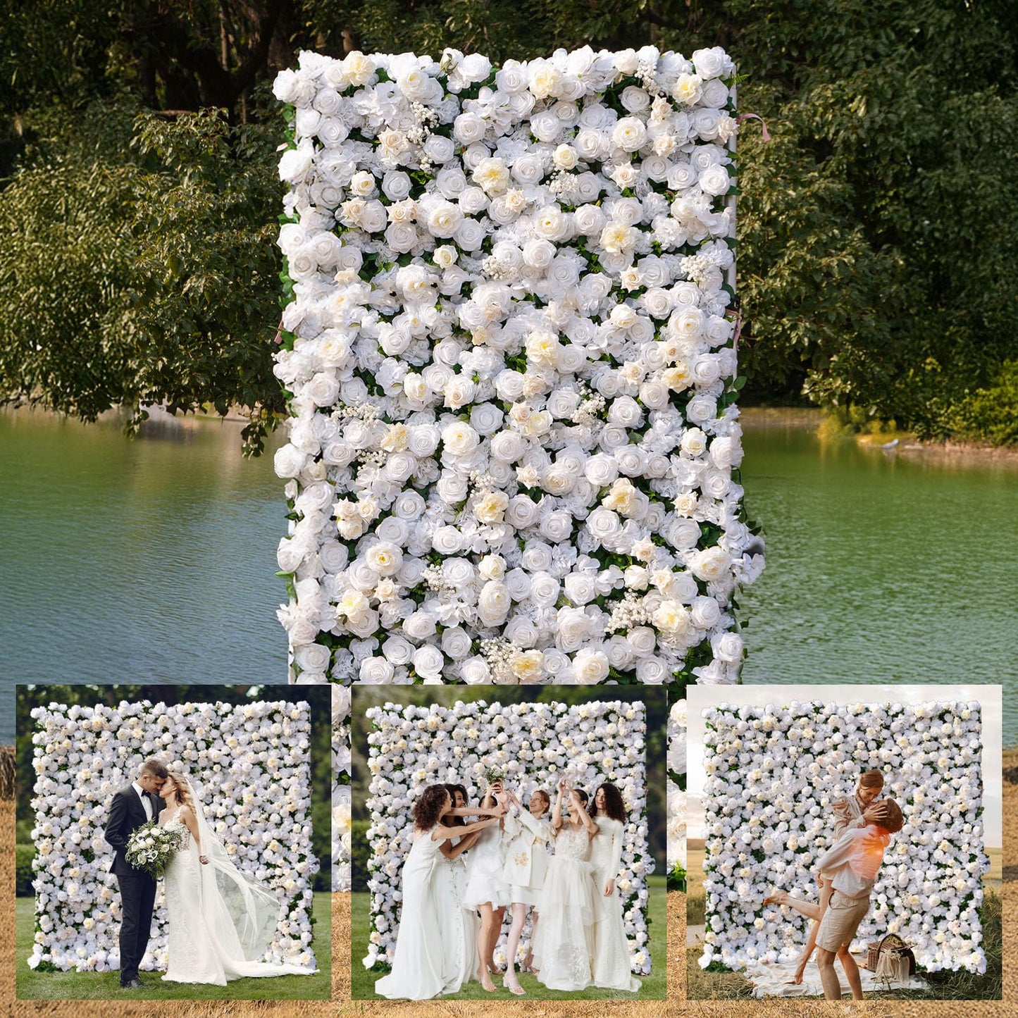 COCO FLOWERWALL Artificial Flower Wall Panels, 3D Silk Rose White Floral Backdrop for Wedding, Baby Show, Party and Home Decor, Quick Assembly/Storage, Both Eco ＆ Pet Friendly, 4ft*8ft