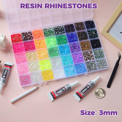 46000Pcs 40 Colors Jelly Rhinestones for Bedazzling, 3mm Resin Flatback Gems for Diamond Art, Bedazzler Kit with 3Pcs B7000 Jewelry Glue for Crafting Bedazzled Book Shoes Nail
