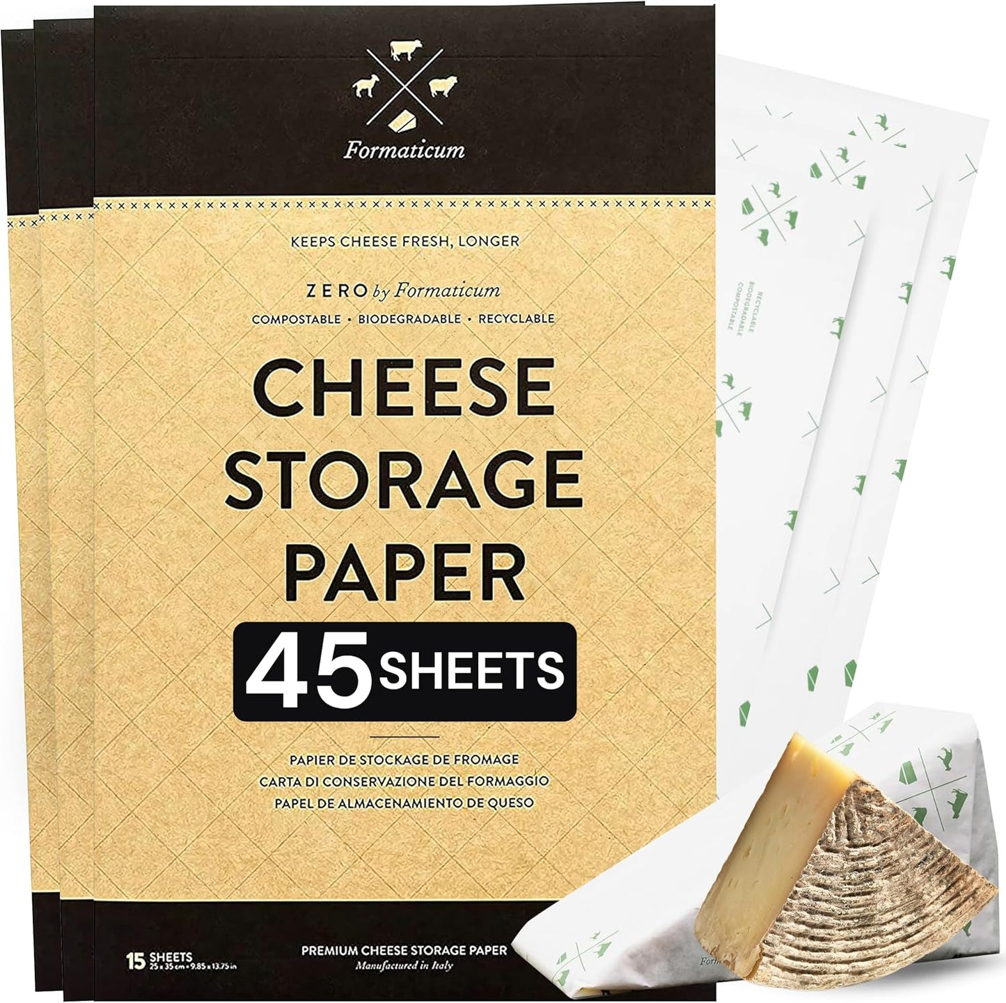 45-Pack 9 13 Inches Formaticum Zero Cheese Storage Paper, Compostable, Biodegradable, and Plastic-Free Paper to Keep