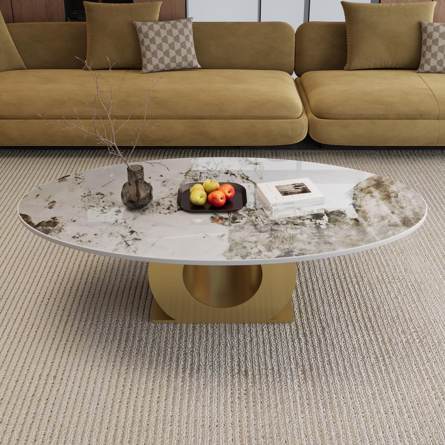 KEIKI 49.2" Modern Sintered Stone Coffee Table with Faux Marble Top & Stainless Steel O-Shaped Base, 15.6" Low Profile Industrial Center Table for Living Room, Contemporary Accent Table, White Gold