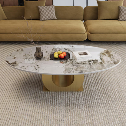 KEIKI 49.2" Modern Sintered Stone Coffee Table with Faux Marble Top & Stainless Steel O-Shaped Base, 15.6" Low Profile Industrial Center Table for Living Room, Contemporary Accent Table, White Gold