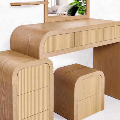 ZETY HOME Fluted Makeup Vanity Desk with Mirror, Stool, 8 Drawers, 3 Shelves, Ash Veneer, Modern Style