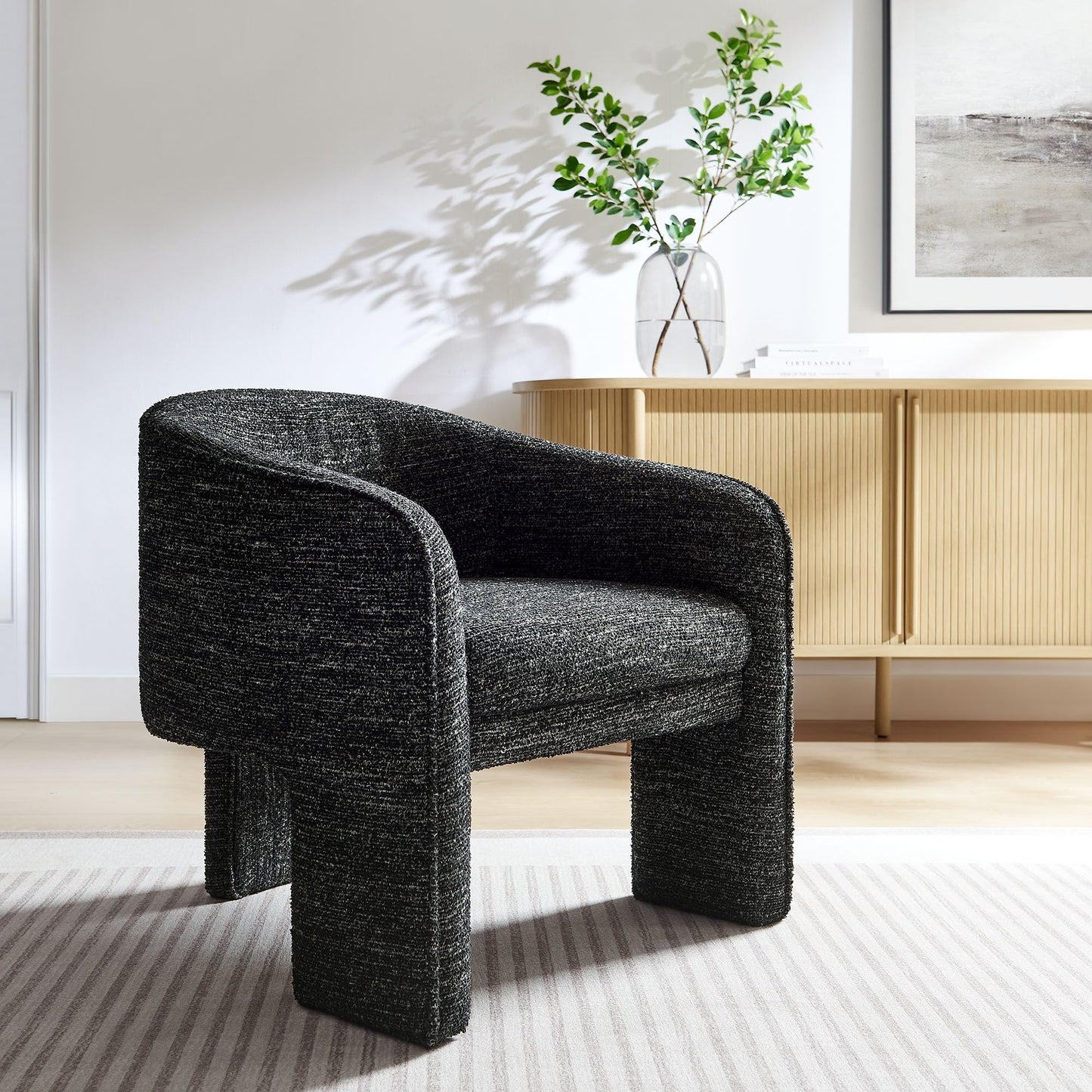 Modway Greer Comfy Barrel Accent Chair with 3 Legs in Charcoal Boucle Fabric – Cozy Round Reading Armchair – Mid Century Modern Upholstered Wide Barrel Dining Chair with Curved Back