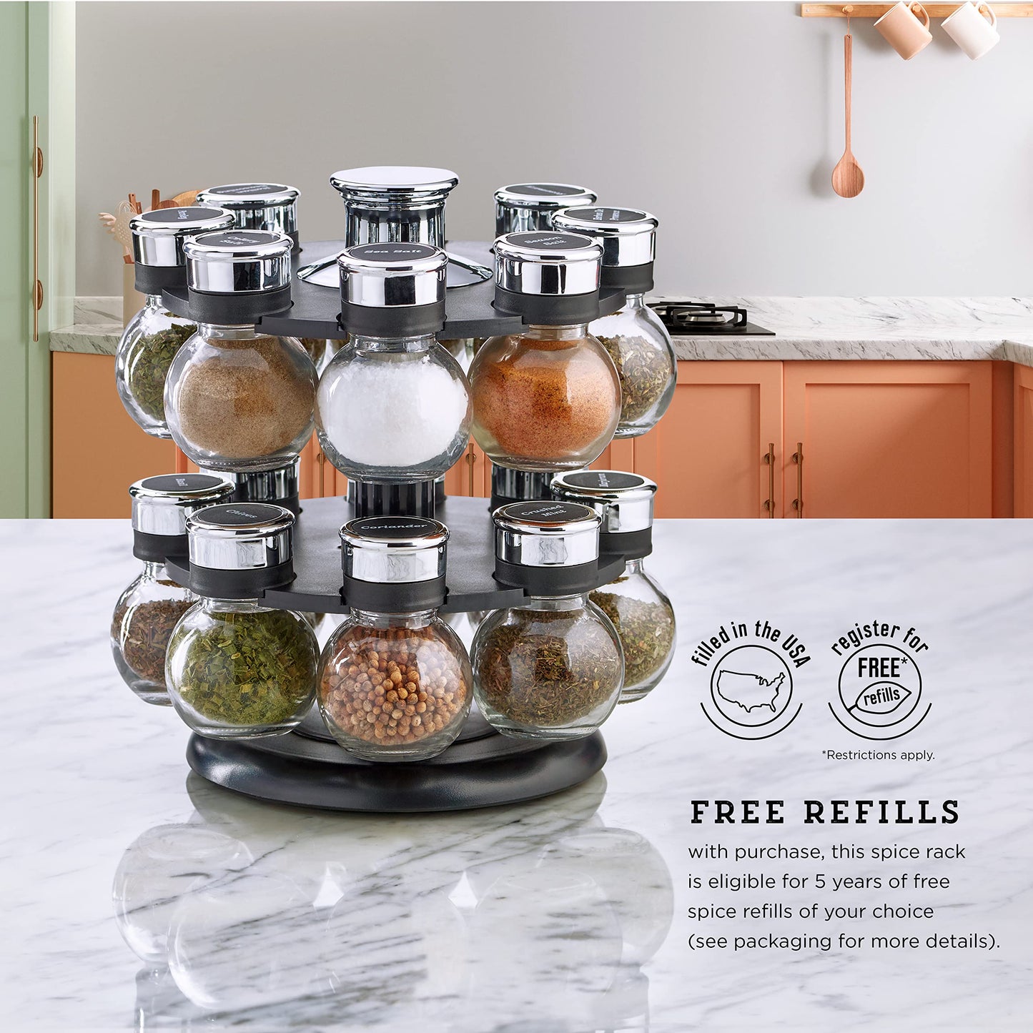 Kamenstein Ellington 16 Jar Revolving Spice Rack with Prefilled Spices - Rotating Chrome and Plastic Countertop Organizer with Sifter Caps and Labeled Lids