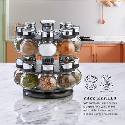 Kamenstein Ellington 16 Jar Revolving Spice Rack with Prefilled Spices - Rotating Chrome and Plastic Countertop Organizer with Sifter Caps and Labeled Lids
