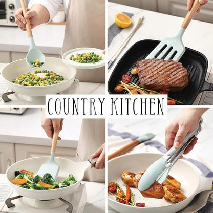 Country Kitchen Non-Stick Silicone Utensil Set - 38-Piece Cooking & Baking Tools in Mint