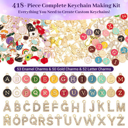 Koruhi 418pcs Charms Lip Gloss Keychain Making Kit,Cute Gold DIY Keychain Supplies Including Organizer Box,Pliers, Tassels, Enamel Letter Charms,Complete Key Chain Kits for DIY Craft Gifts(418, Gold)