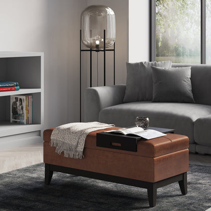 SIMPLIHOME Oregon Storage Ottoman Bench with Tray - 42 inch Wide Vegan Leather Rectangle Storage Ottoman Bench in Distressed Saddle Brown, Transitional Tufted Ottoman for Living Room with Lift-Up Lid