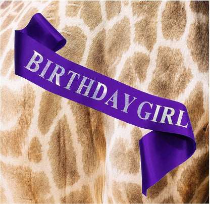 Birthday Girl Sash - Purple Satin Silver Iridescence Glitter Foil Sash for Women's Birthday Party Decorations