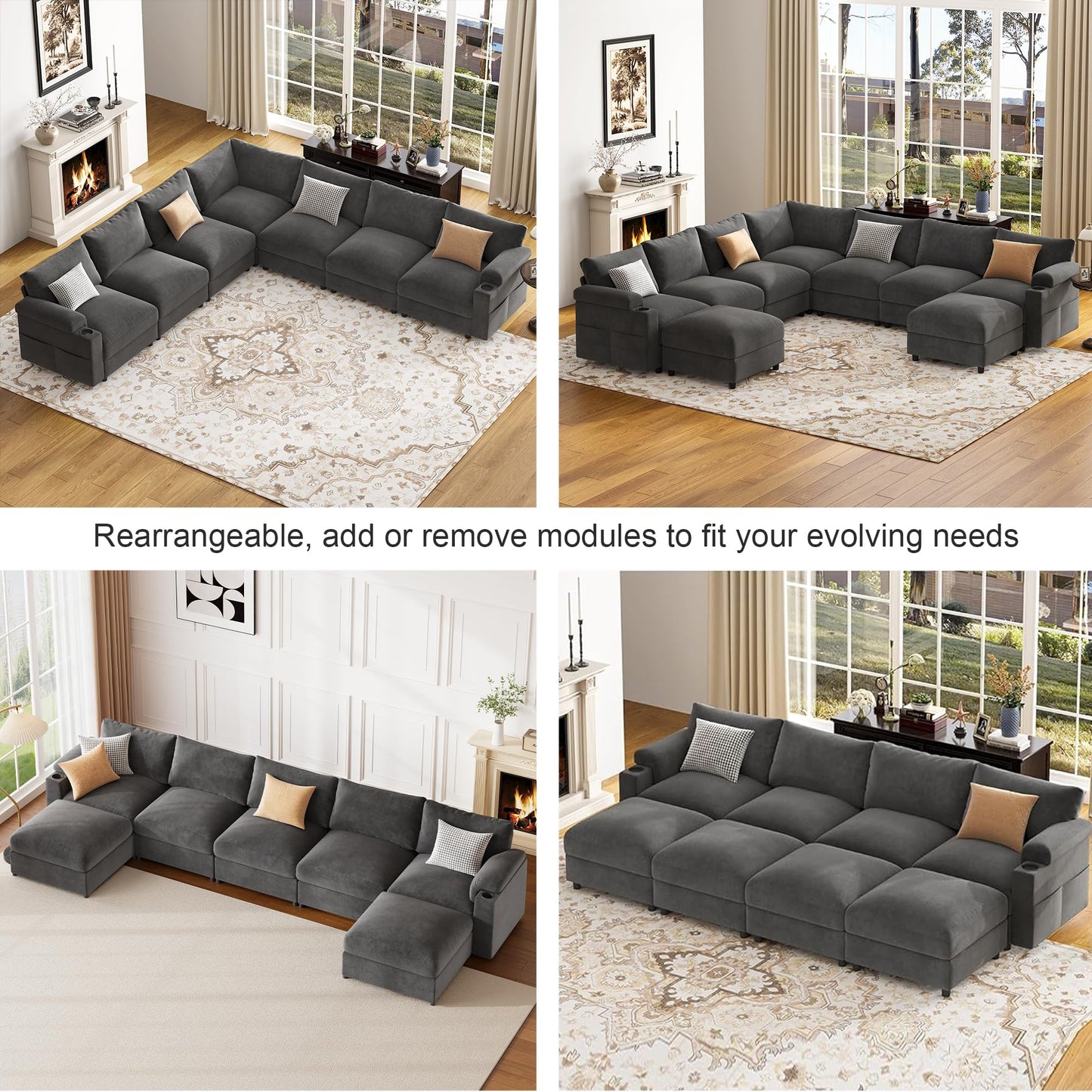 Sectional Couches for Living Room FSC Certified Velvet Modular Couch Oversized Cloud U Shaped Convertible Sleeper Sofa Chaise Detachable Armrest Cushion (Velvet Grey, U Shape 7 Seat)
