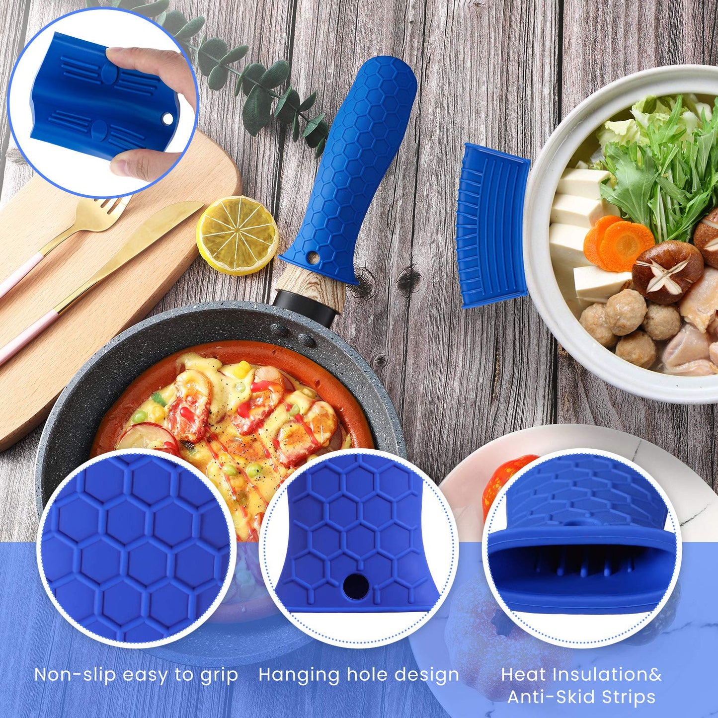 Patelai 8 Pcs Silicone Pot Holders Set Cast Iron Handle Cover Heat Resistant Pot Handle Covers Potholder Non Slip Reusable Pan Sleeve for Frying Pan Kitchen Supplies(Blue)