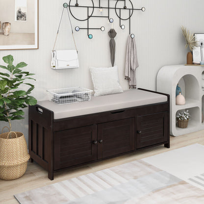Brisca Wood Storage Bench 3 Shutter-Shaped Doors,Multifunction Shoebox,W/ 2 Size and Removable Cushion & Hidden Savings Space,for Entryway,Bedroom,Living Room,Espresso