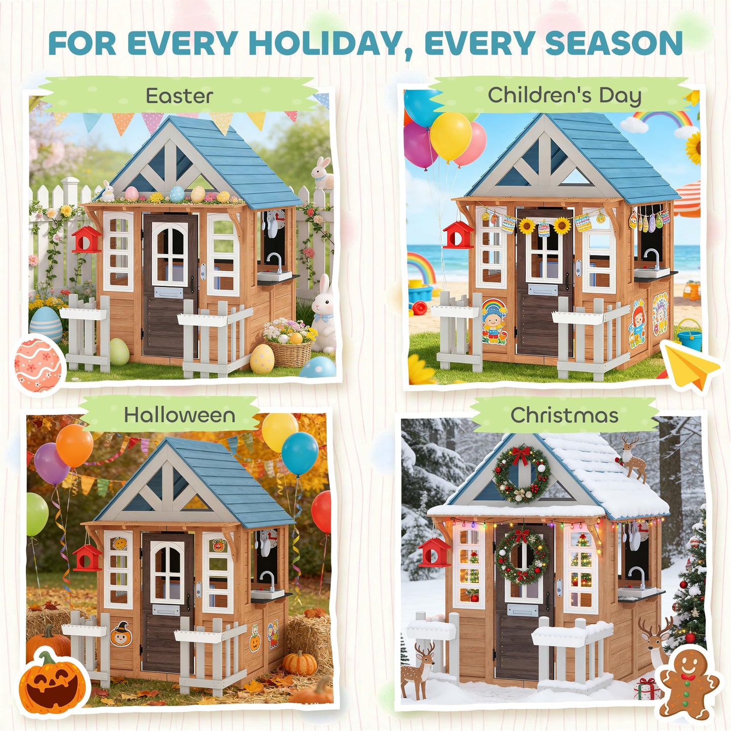 Qaba Outdoor Playhouse with Pet Door, Wooden Kids Playhouse with Play Kitchen, Mailbox, Doorbell, Birdhouse, Fence and Windows for Garden, Backyard, Indoor Playroom Pretend Play, Ages 2+, Brown