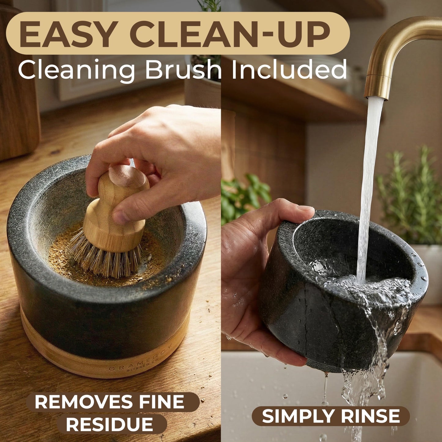Gramercy Mortar and Pestle Set – Heavy Duty Granite Stone Grinder with Stable Bamboo Base, Extra Long Pestle & Cleaning Brush - Ideal Guacamole Bowl, Herb Grinder & Molcajete Bowl, 1.5-Cup