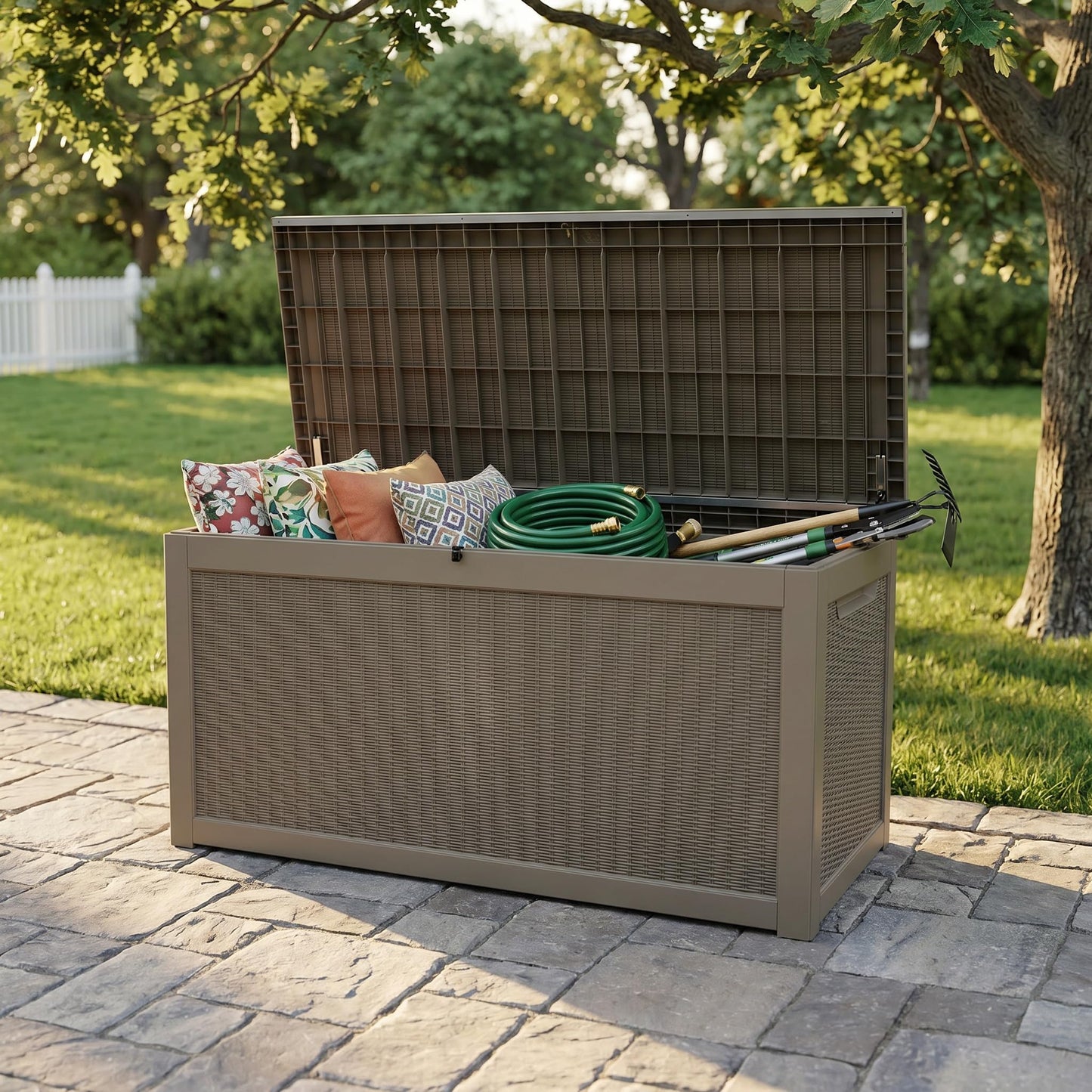 Trygoal 260 Gallon Deck Box, Waterproof Resin Outdoor Storage Box Lockable for Patio Furniture, Fade Resistant Patio Side Table & Organizer for Garden Tools, Pool Float, Outdoor Cushions, Light Coffee