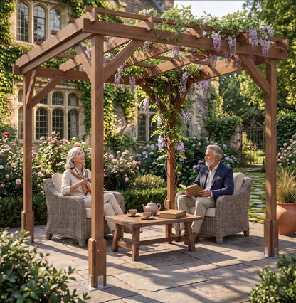 6.5x6.5 FT Outdoor Wood Pergola, Natural Fir Wood Patio Pergola with Reinforced Frame, Open Roof for Climbing Plants, Garden Backyard Deck Shade Structure, Dark Brown