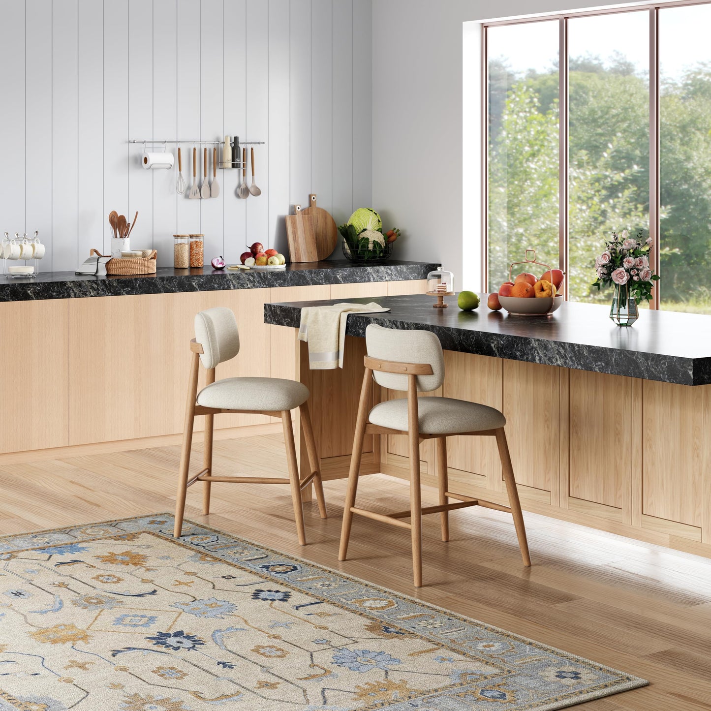 Christopher Knight Home Mundo Counter Height Bar Stools Set of 2, Fabric Upholstered Counter Stools and Curved Backrest, Rubberwood Kitchen Island Armchair with Splayed Legs, Beige + Natural