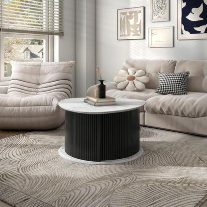 HOMES: Inside + Out Elara Modern 29-inch Triangle Coffee Table with Marble Tabletop, Fluted Iron Pedestal Base and Hidden Storage for Small Space, Living Room, Home Office, Black