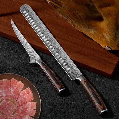 Sunnecko Professional BBQ Carving Knife Set, Slicing and Boning Knife for Meat Cutting,German High Carbon Stainless Steel Carving Knife for Meat and Turkey.