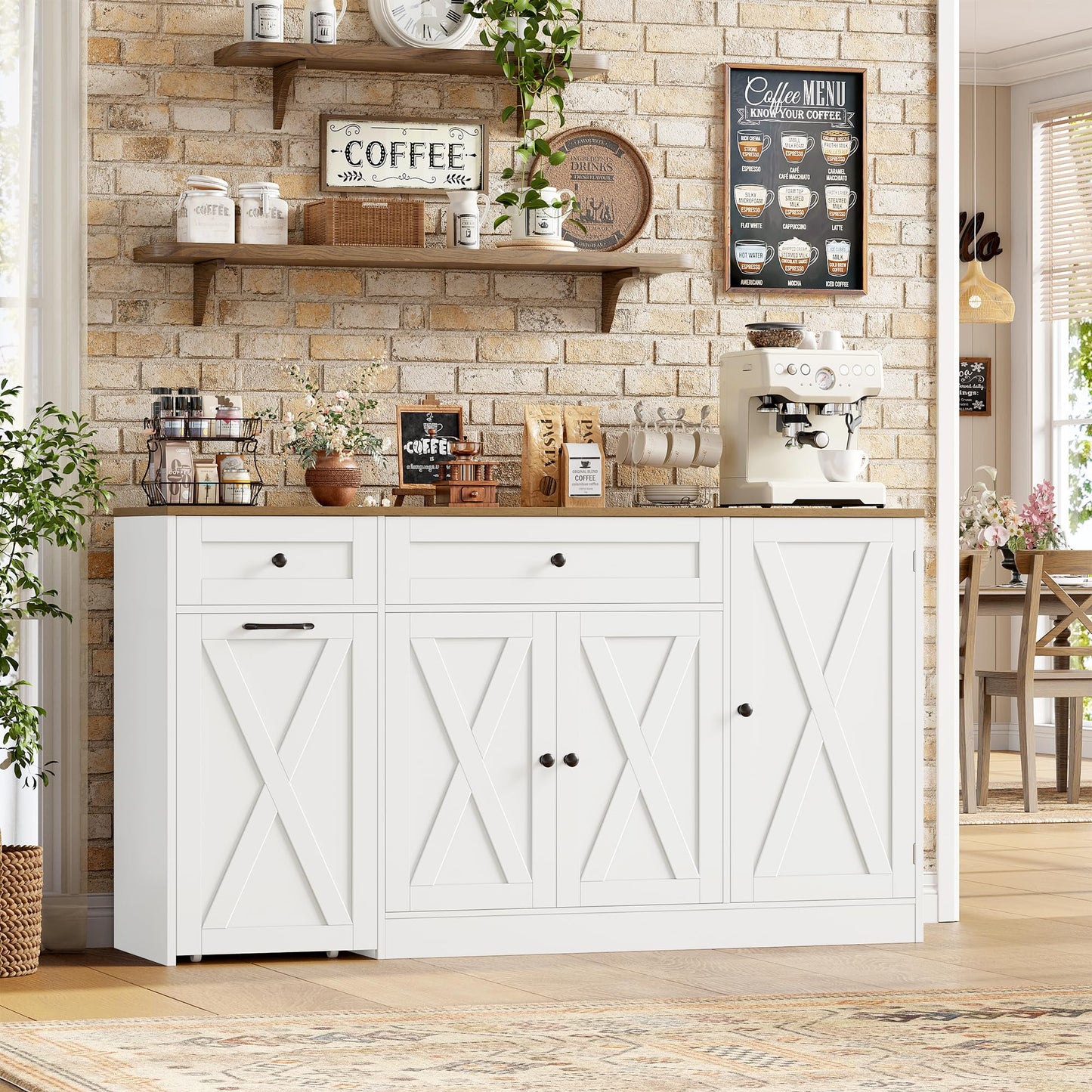HOSTACK Multifunctional Storage Cabinet - 59" Buffet Cabinet with Charging Station, Large Kitchen Buffet Sideboard with Rolling Cart, Farmhouse Coffee Bar Cabinet with Drawers for Dining Room, White