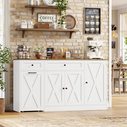HOSTACK Multifunctional Storage Cabinet - 59" Buffet Cabinet with Charging Station, Large Kitchen Buffet Sideboard with Rolling Cart, Farmhouse Coffee Bar Cabinet with Drawers for Dining Room, White