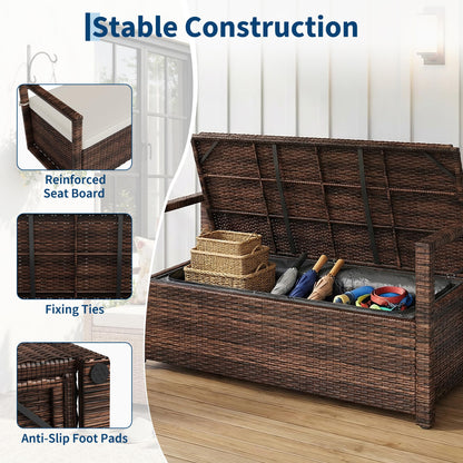 Garvee Dark Brown Wicker Storage Bench, Large Capacity Rattan Ottoman with White Waterproof Seat, Durable Iron & Wood Frame Chest for Toy Blanket Organization, Patio & Indoor Use