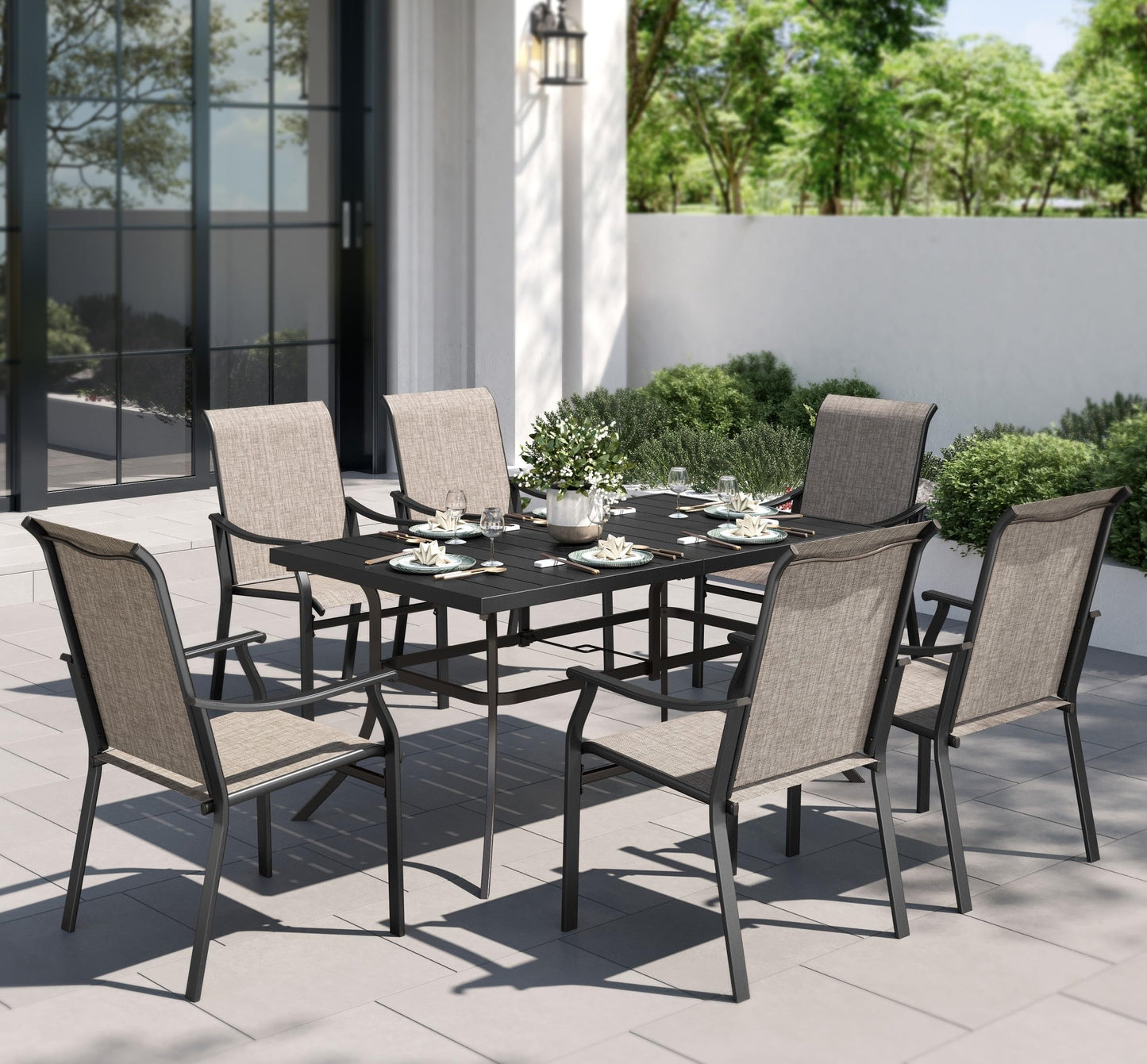 PHI VILLA Patio Dining Table and Chairs for 6,Outdoor Chairs with Textilene Fabric,Quick-Dry and Waterproof,Large Metal Table with Umbrella Hole,Durable and Sturdy for Outside,Garden,Yard
