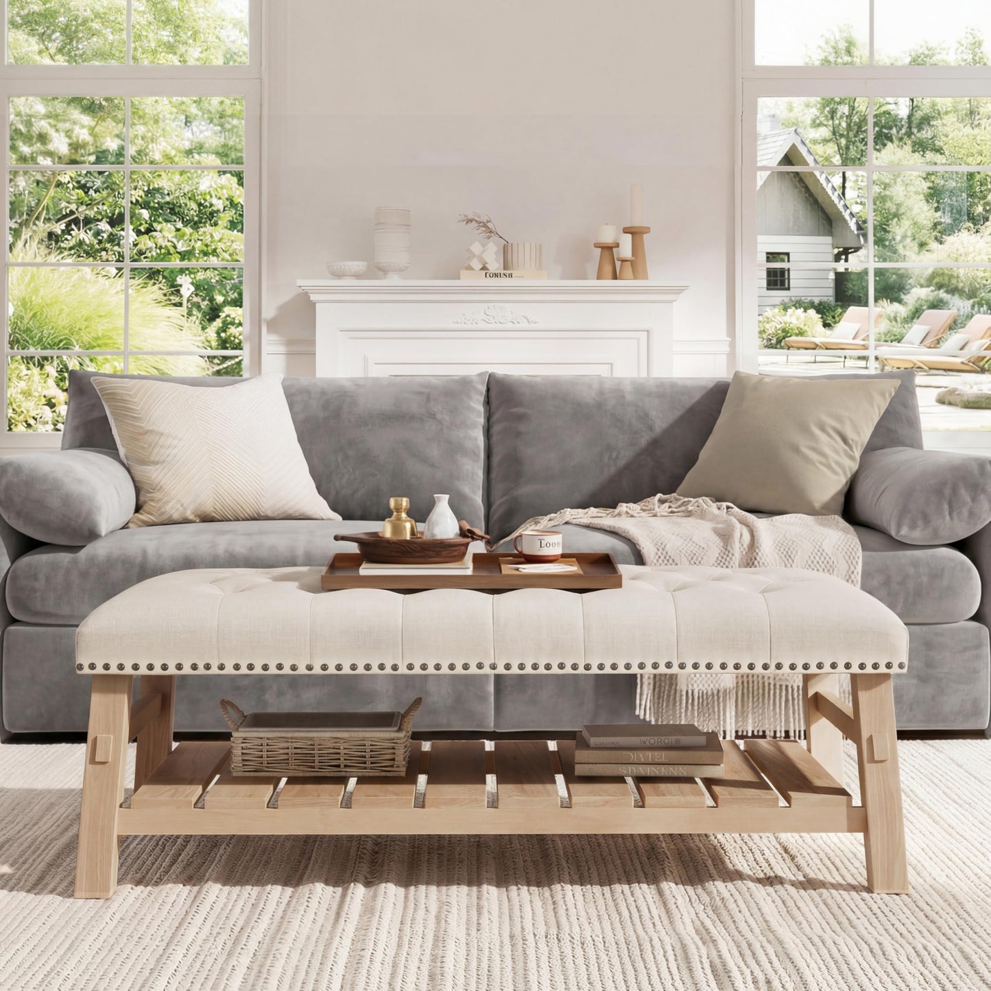 Merax 48" Large Rectangle Linen Blend Ottoman Coffee Table, Button Tufted with Slatted Storage Shelf, Upholstered Footstool Bench with Nailhead Trim & Solid Wood Legs, Seats for Living Room, Beige