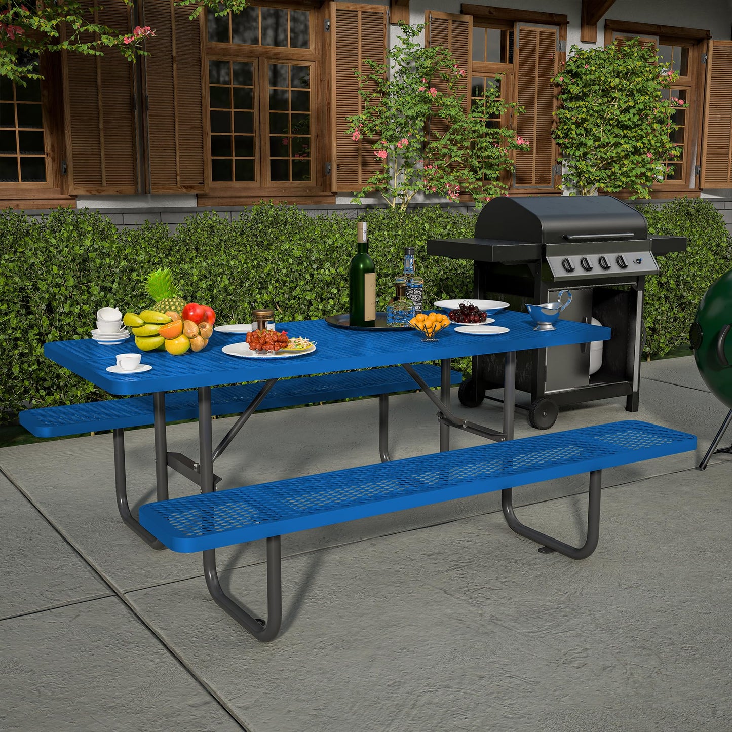 Dvasovio 72'' Rectangular Metal Picnic Table with 1.73" Umbrella Hole, Heavy Duty Steel Mesh Table Set, Weather Resistant Sturdy Outdoor Furniture, for Patio, Garden, Courtyard & BBQ, Blue