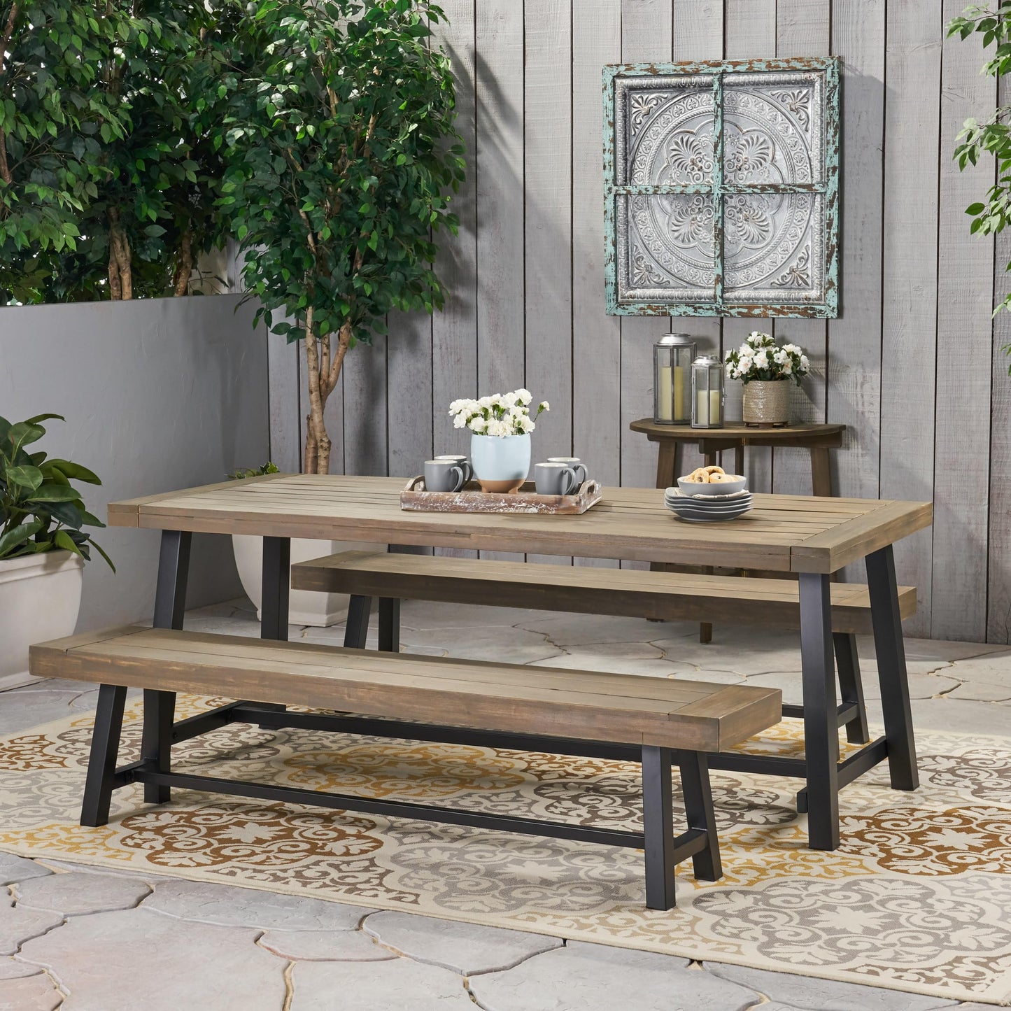 Christopher Knight Home Carlisle Outdoor Acacia Wood Picnic Dining Set, Gray and Rustic Metal