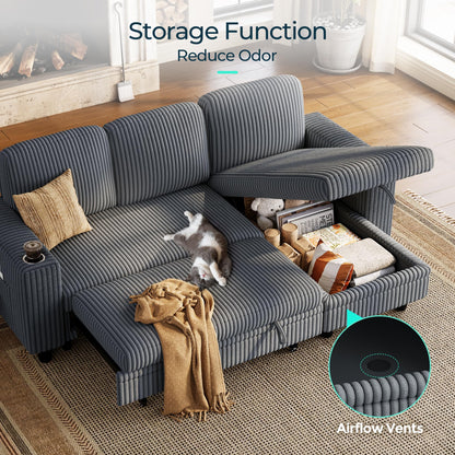 LINSY Home Sleeper Sofa Couch with Storage Chaise & USB Charging, Convertible Sectional Pull Out Sofa Bed with Plush Corduroy Fabric, Modular Sectional Couches for Living Room Apartment (Grey)