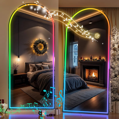 Hasipu Arch Full Length Mirror 83 x 36 in with Stand — Arch LED RGB Full Body Mirror, 7 Lighting Modes, Dimmable, Built‑in Bluetooth Speaker, White Frame for Bedroom Dressing Room