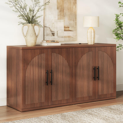 MapleGrace 63" Fluted Buffet Cabinet with Storage, Mid-Century Symmetrical Arched Sideboard Credenza with Adjustable Shelf, Large Wood Console Table for Dining Room, Kitchen, and Living Room (Walnut)