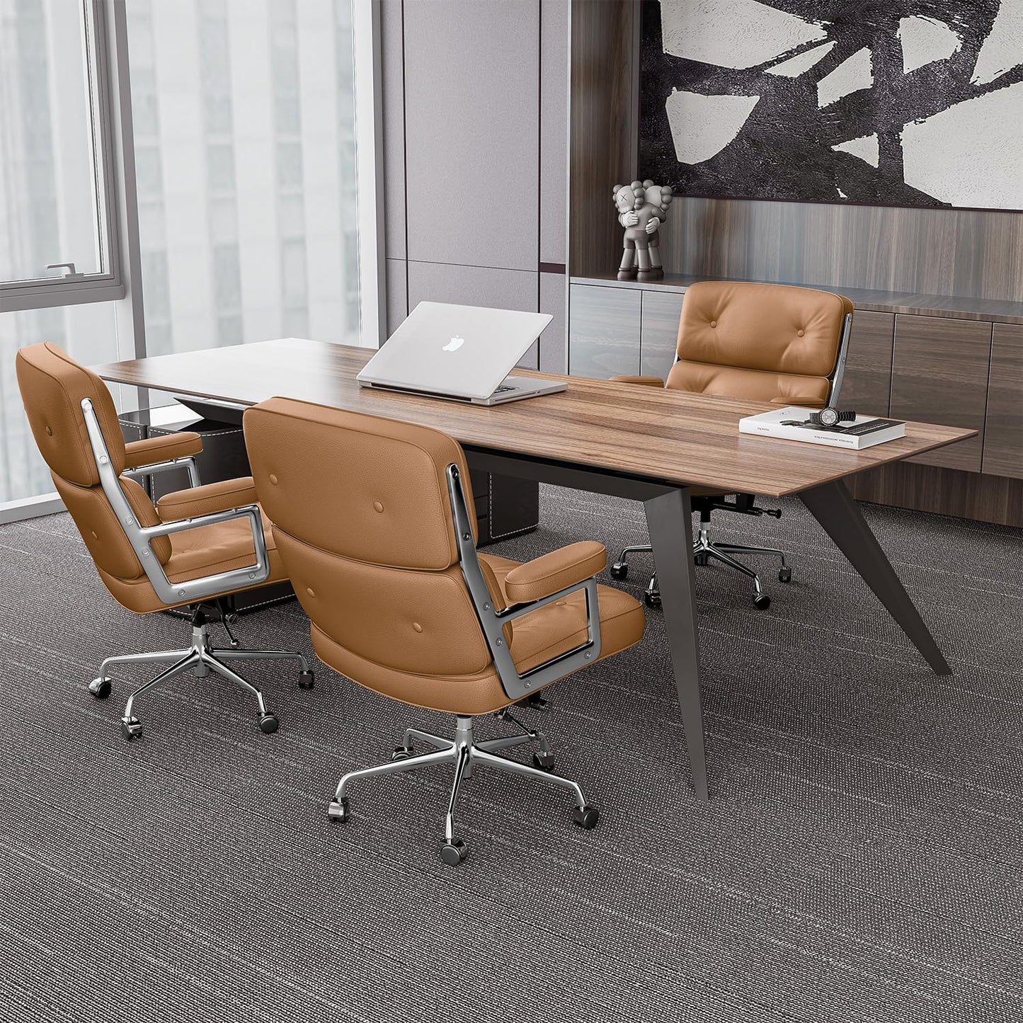 Genuine Leather Office Chair, Mid Back Executive Desk Chairs with Aluminum Arms and Wheels, Swivel Office Leather Chair with Thickened Backrest and Ergonomic Lumbar Support, Light Brown