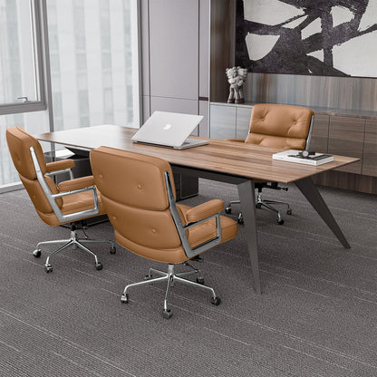 Genuine Leather Office Chair, Mid Back Executive Desk Chairs with Aluminum Arms and Wheels, Swivel Office Leather Chair with Thickened Backrest and Ergonomic Lumbar Support, Light Brown
