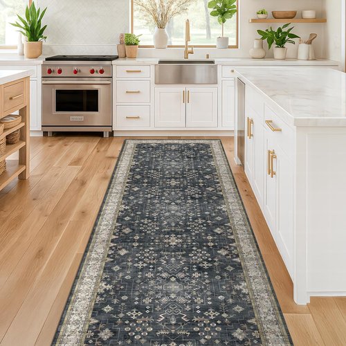 Hazo Haus Black Boho Runner Rug - Washable 3x16 ft, Waterproof, Non-Slip, Stain & Fade Resistant
