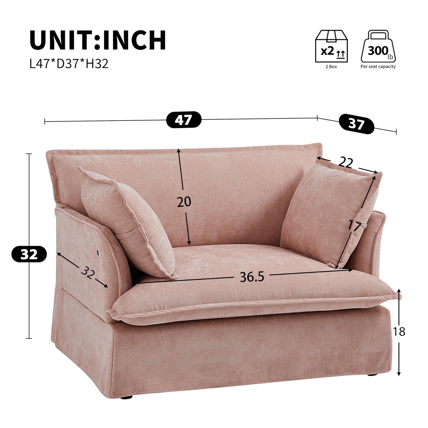 Merax 47.2" Oversized Accent Chair with Dual-Port Charging, Skirted Base, Deep and Wide Seat, Cloud-Like Comfy Single Sofa, Modern Design for Living Room&Apartment, Chenille,Pink