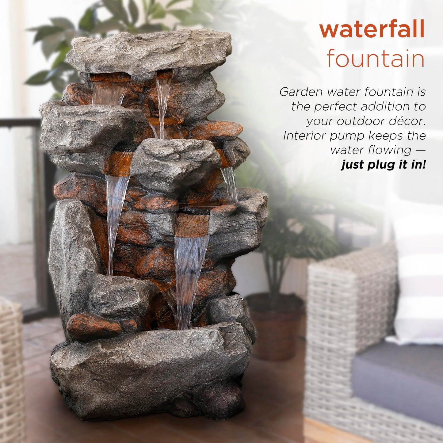 Alpine Corporation WIN730 Outdoor Floor Tiered Rock Waterfall Fountain with LED Lights and Natural Stone Look, 52", Brown