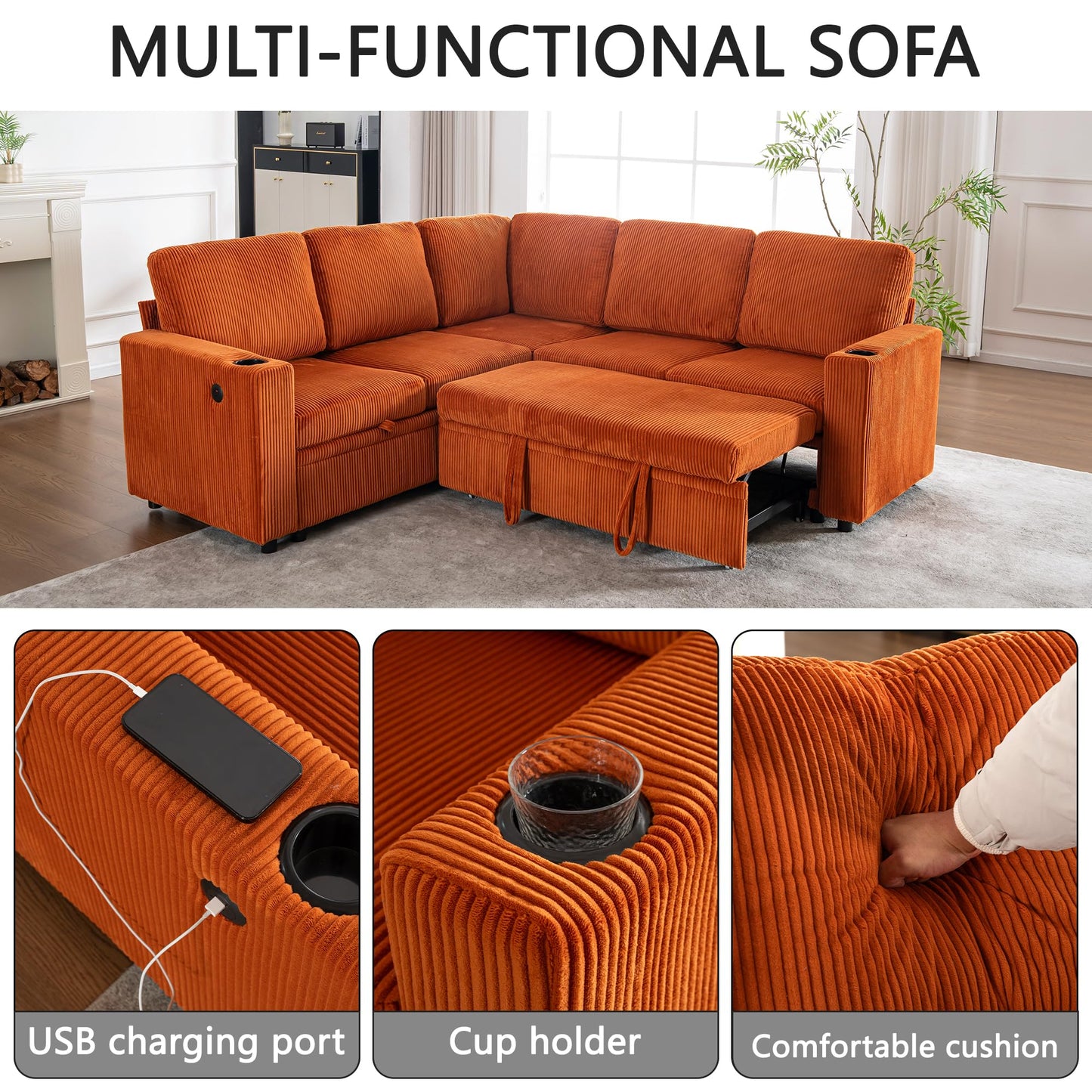 KEIKI 83" 4Seat Modular Sectional Sleeper Pull Out Bed Corduroy Sofa Couch with Chaise Storage Reversible USB Cup Holders for Creative Studio Modern Soft Bedroom Family Friendly Quality Design Orange