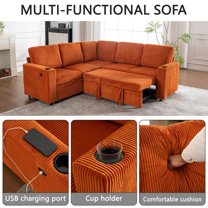 KEIKI 83" 4Seat Modular Sectional Sleeper Pull Out Bed Corduroy Sofa Couch with Chaise Storage Reversible USB Cup Holders for Creative Studio Modern Soft Bedroom Family Friendly Quality Design Orange