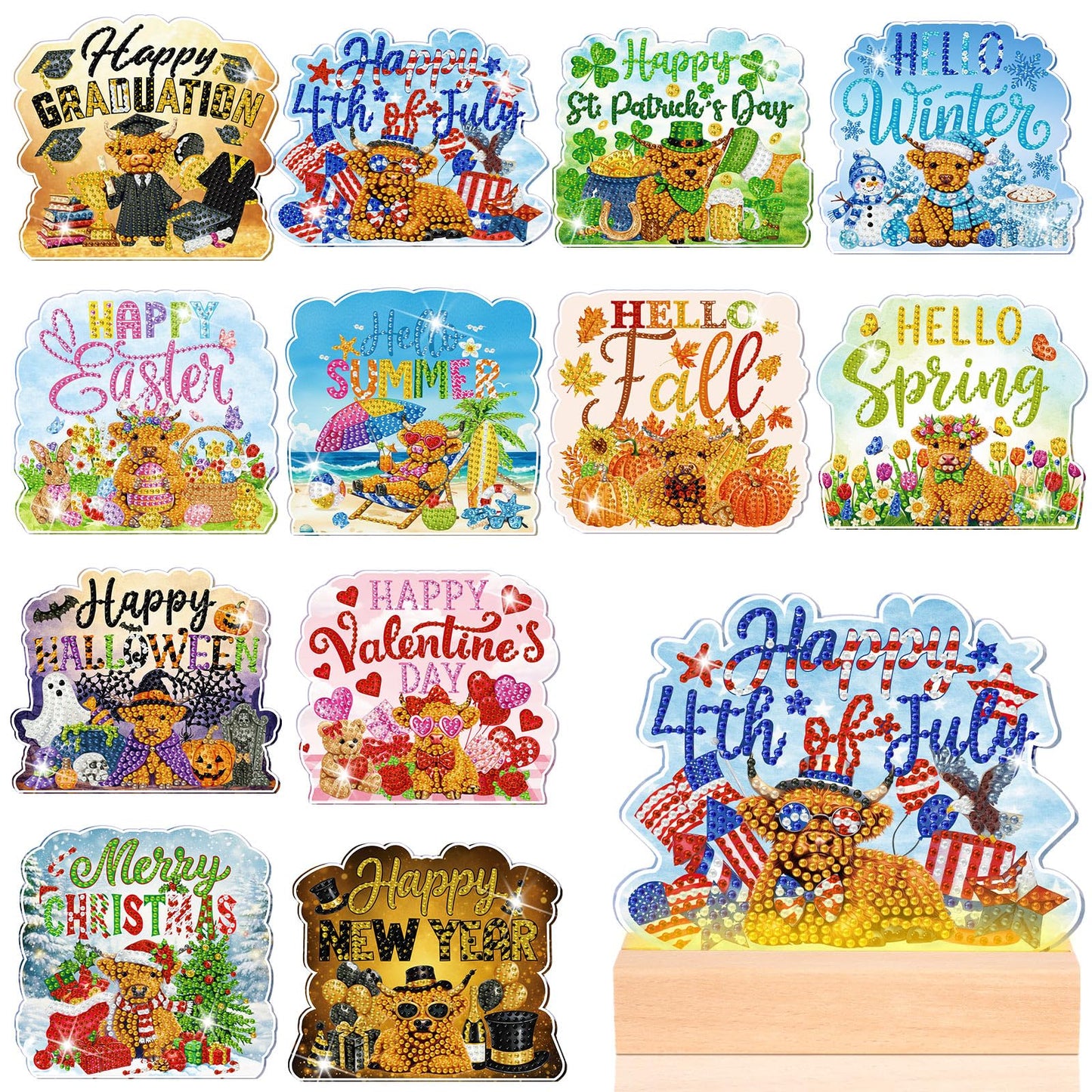 Chunful 13 Pcs Highland Cow Interchangeable Seasonal Diamond Art Tabletop Holiday Diamond Art Painting Kit with Wooden Light Base for Table Tiered Tray Home Office Tabletop Centerpiece Decor