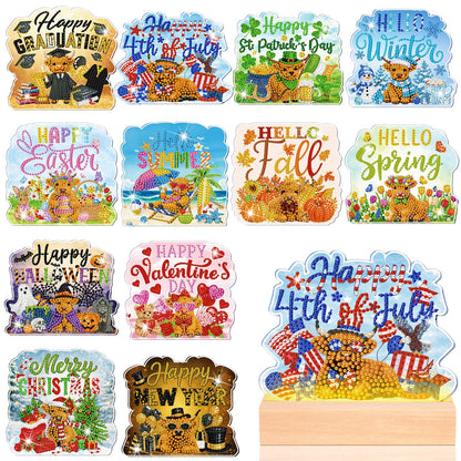Chunful 13 Pcs Highland Cow Interchangeable Seasonal Diamond Art Tabletop Holiday Diamond Art Painting Kit with Wooden Light Base for Table Tiered Tray Home Office Tabletop Centerpiece Decor