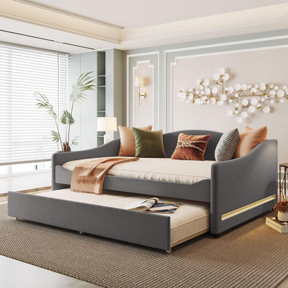 Merax Full Size Upholstered Daybed with Light and Trundle, Gray Teddy Fleece Sofa Bed Modern Wooden Platform Bed Frame for Bedroom, Living Room, Guest Room, Apartment