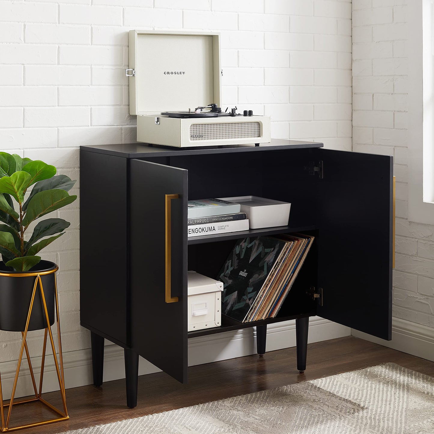 Crosley Furniture Everett Accent Storage Cabinet, Record Player Stand, Vinyl Records Holder, Matte Black