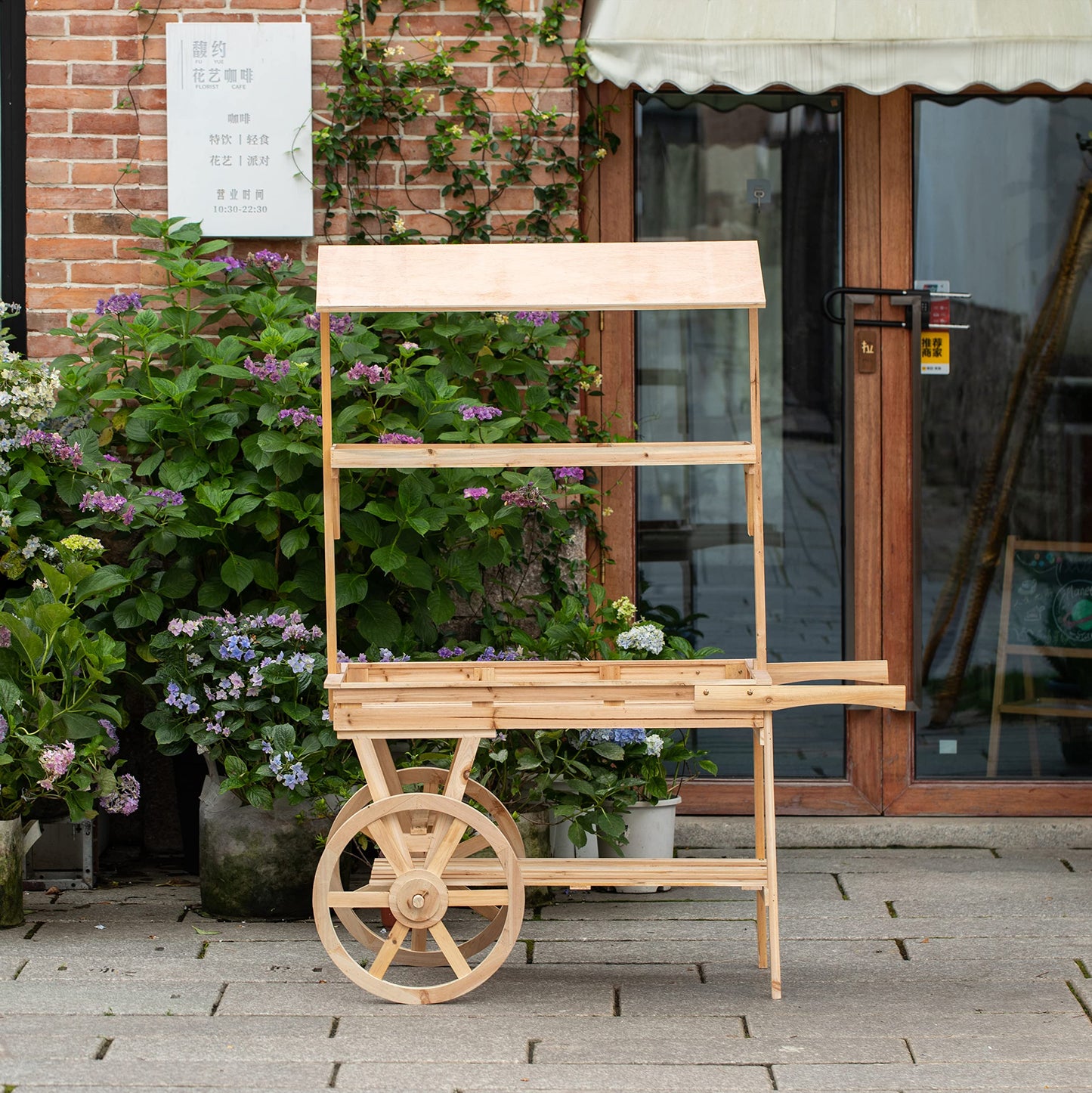 Vintiquewise Large Wooden 3 Tier Rolling Table Cart with 2 Wheels for Home Decor Modern Wagon with Shelves for Display Rack, Coffee Station, Food Stand, Beverage Bar, and Tea Stall