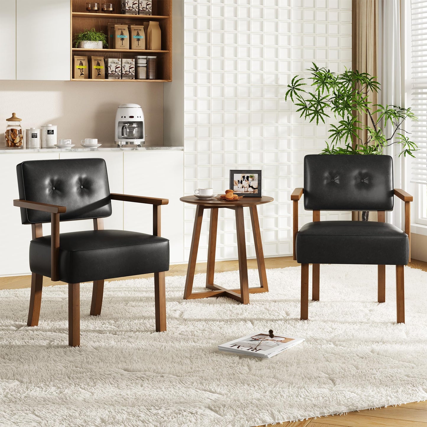Garvee Mid-Century Accent Chair Set of 2 with Wood Frame, PU Leather Upholstered Lounge Arm Chair with Classic Button Tufting Reading Leisure Chair for Living Room, Bedroom, Balcony, Black
