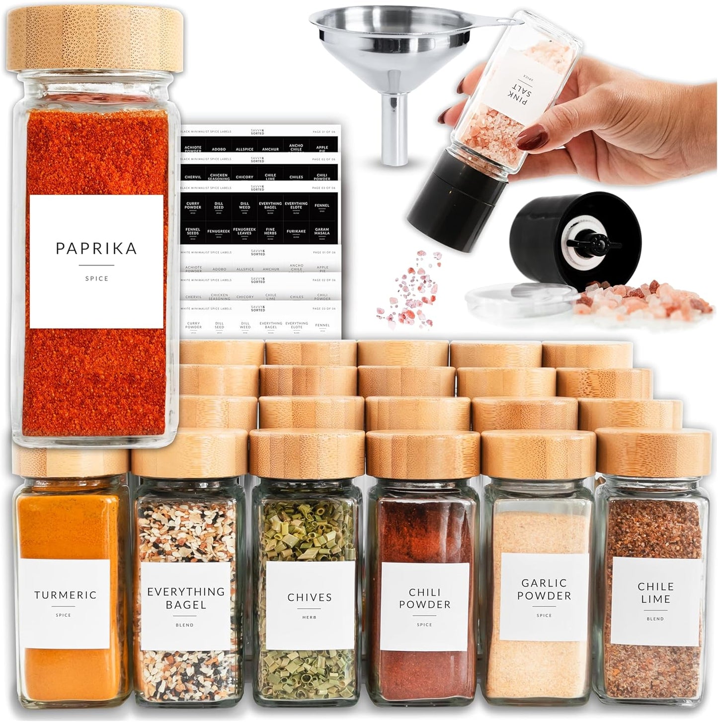 24PK Set 4oz, 374 SAVVY & SORTED Glass Spice Jars with Label, Bamboo Jar Spices Spice Labels, Pepper Grinder, Empty