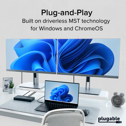 Plugable USB-C Docking Station Dual 4K 60Hz HDMI, 65W Charging, Gigabit Ethernet, 1x USB-C 5Gbps, 3X USB-A, Audio, Windows/ChromeOS, USB-C/USB4/Thunderbolt, Driverless (UD-MSTH2)